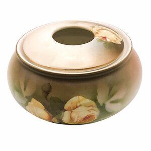 Antique Bavarian Porcelain Hair Receiver Yellow Roses PSAG Schonwald Hand-Painte